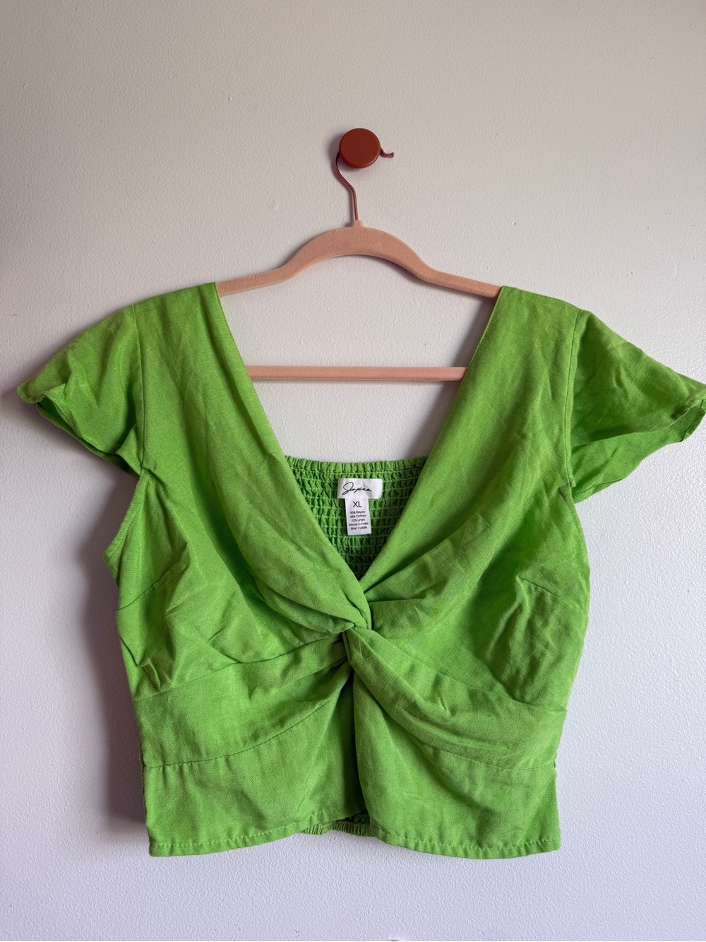 New with Tags XL Japna Lime Green Twist-Front Linen Blend Crop Top